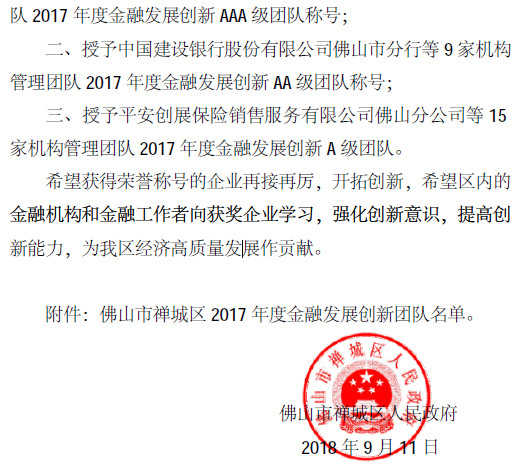 【会员风采】中盈盛达小贷公司管理团队获 “佛山市禅城区2017年度金融发展创新团队” 殊荣